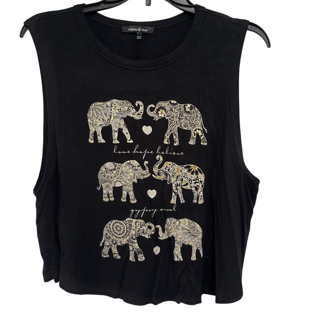Hippie Chic Elephant Graphic‎ Tank Top Black Womens L Boho Yoga Festival